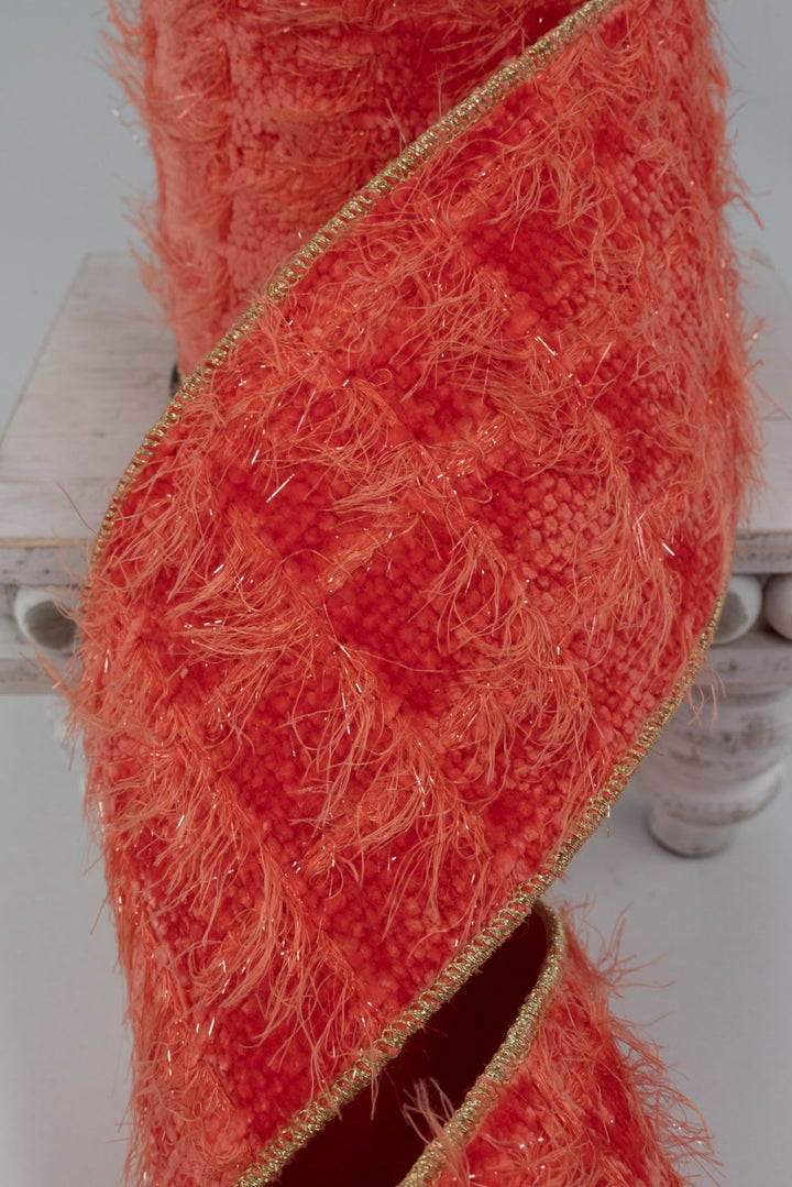 Coral Orange Eyelash Yarn Ribbon - 4" - Greenery MarketRW0079-CO