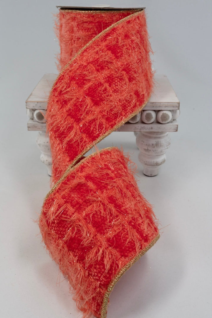 Coral Orange Eyelash Yarn Ribbon - 4" - Greenery MarketRW0079-CO