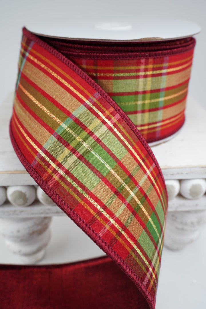 Cranberry holiday plaid wired ribbon 2.5” - Greenery MarketWired ribbon94284W-908-40F