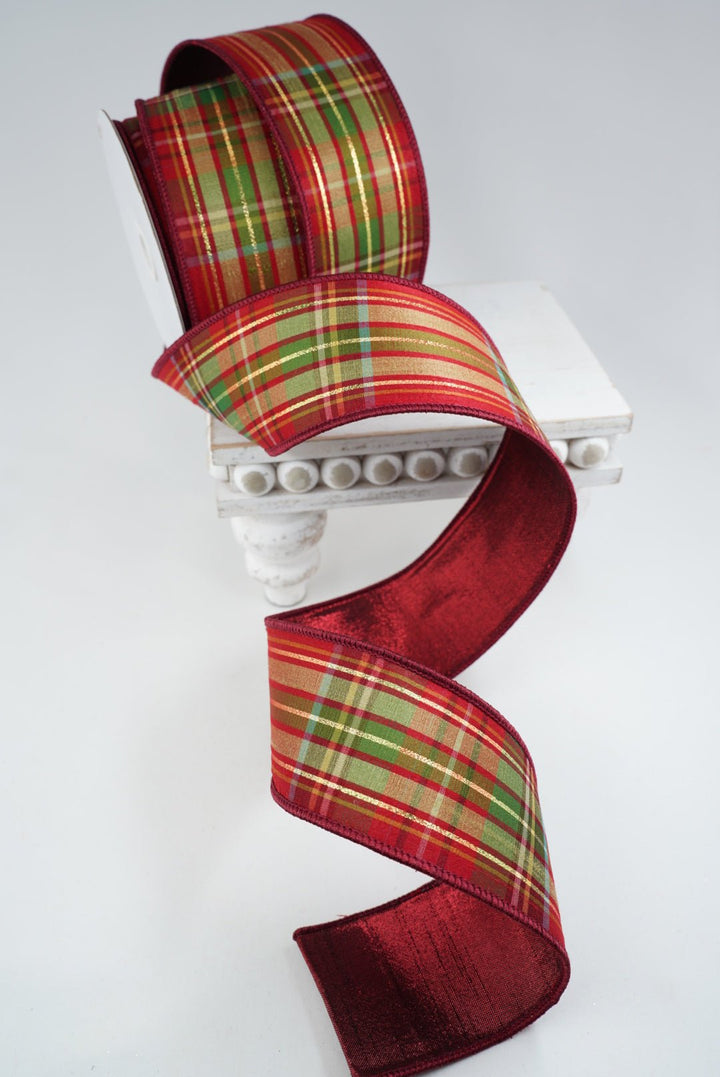 Cranberry holiday plaid wired ribbon 2.5” - Greenery MarketWired ribbon94284W-908-40F