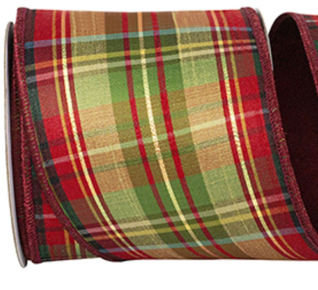 Cranberry holiday plaid wired ribbon 4” - Greenery MarketWired ribbon94284W - 908 - 10D