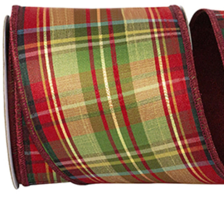 Cranberry holiday plaid wired ribbon 4” - Greenery MarketWired ribbon94284W - 908 - 10D