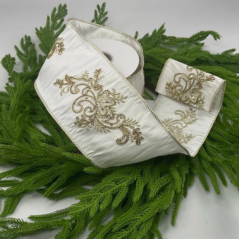 Cream and gold acanthus 4” wired ribbon - Greenery MarketWired ribbonMTX65139