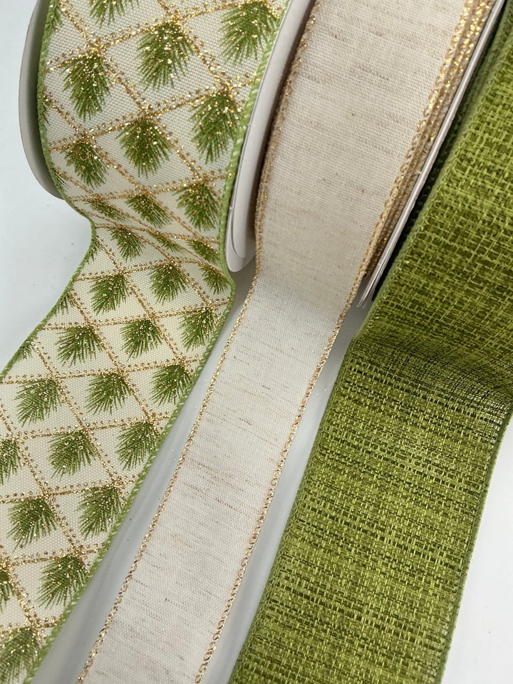 Cream and green pine ribbon bow bundle x 3 ribbons - Greenery MarketRibbons & TrimCreamPineX3