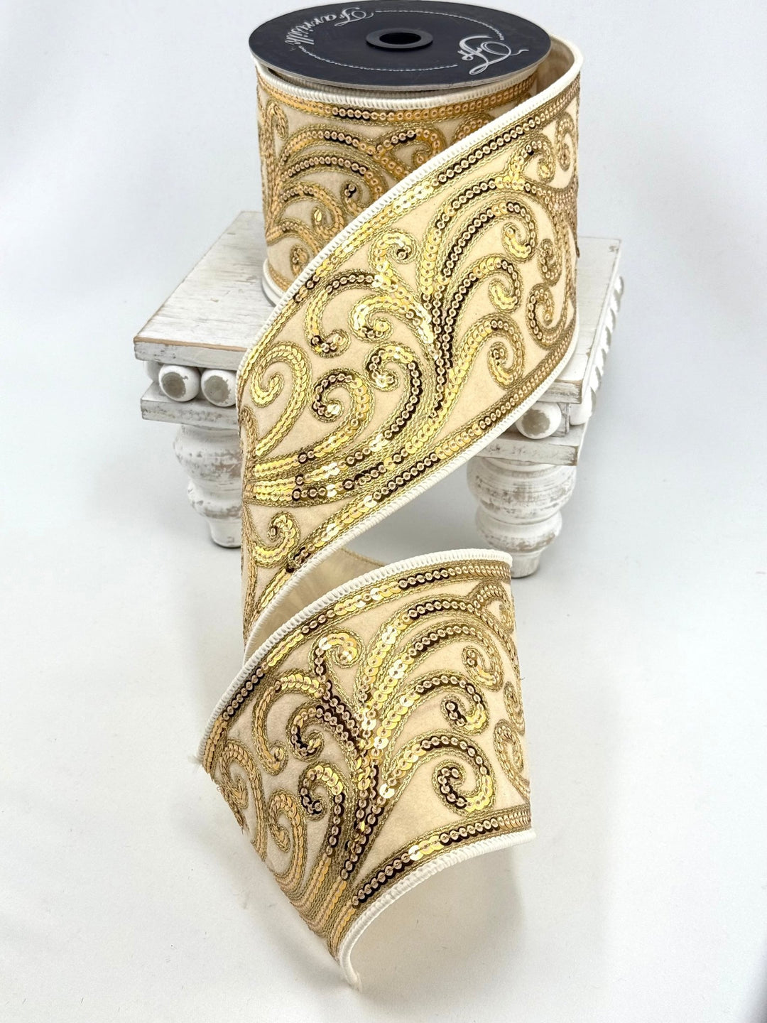 Cream Christmas Scroll Farrisilk Wired Ribbon - 4" - Greenery MarketWired RibbonRK807-01