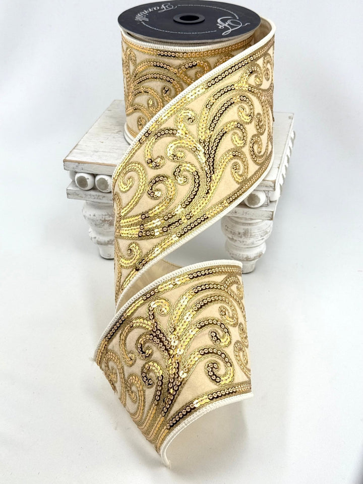 Cream Christmas Scroll Farrisilk Wired Ribbon - 4" - Greenery MarketWired RibbonRK807-01