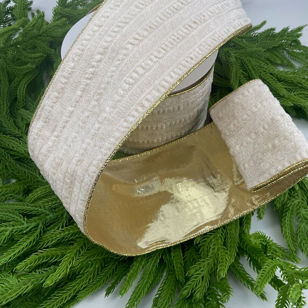 Cream crinkle velvet with gold back 4” wired ribbon - Greenery MarketMTX69779