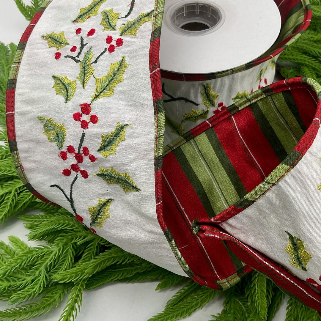 Cream embroidered holly with stripe back 4” wired ribbon - Greenery MarketMTX69501