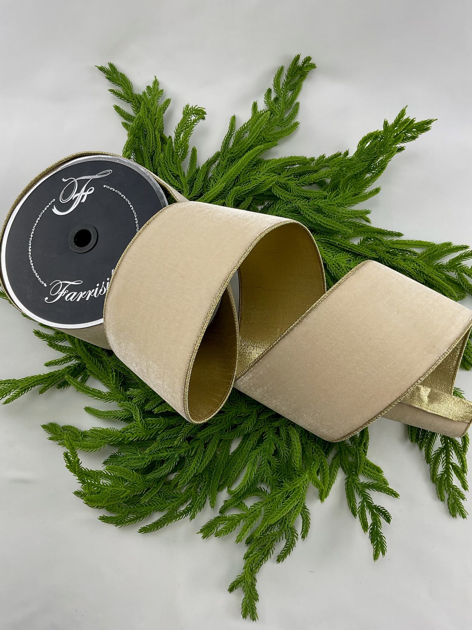 Cream Farrisilk flashy velvet tree ribbon - 4” - Greenery Marketwired ribbonRG807-01