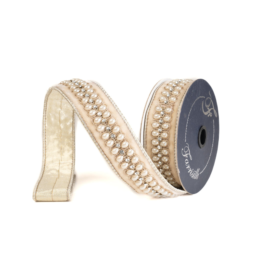 Cream Pearl Necklace Farrisilk Wired Ribbon - 1.5" - Greenery MarketRK836-01