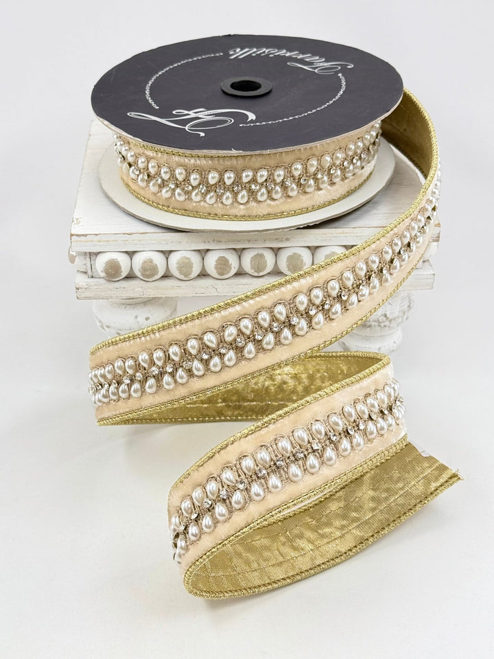 Cream Pearl Necklace Farrisilk Wired Ribbon - 1.5" - Greenery MarketRK836-01