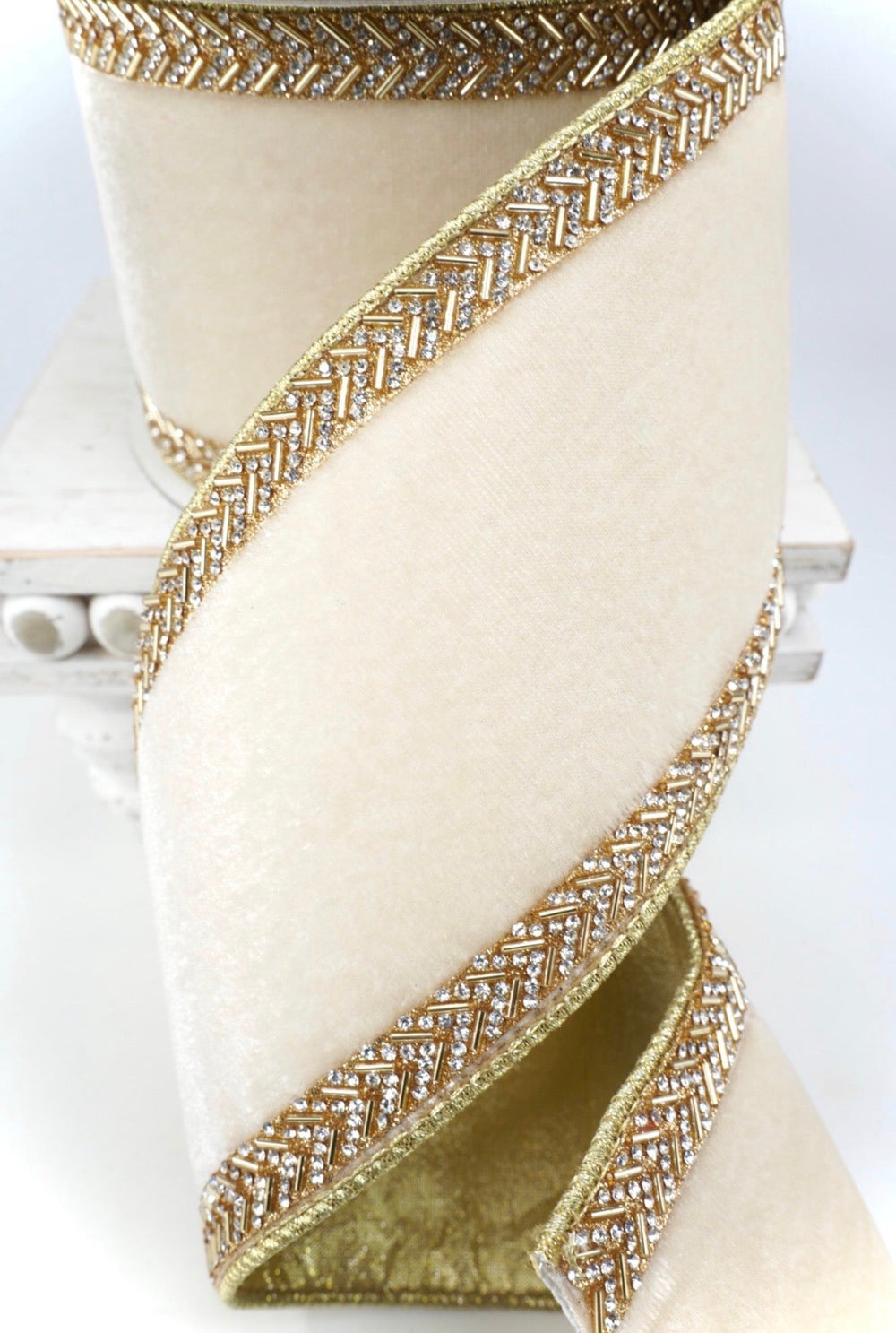 Cream Velvet With Chevron Crystals, Farrisilk Wired Ribbon - 4" - Greenery MarketRK813-01