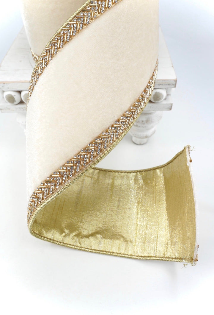 Cream Velvet With Chevron Crystals, Farrisilk Wired Ribbon - 4" - Greenery MarketRK813-01