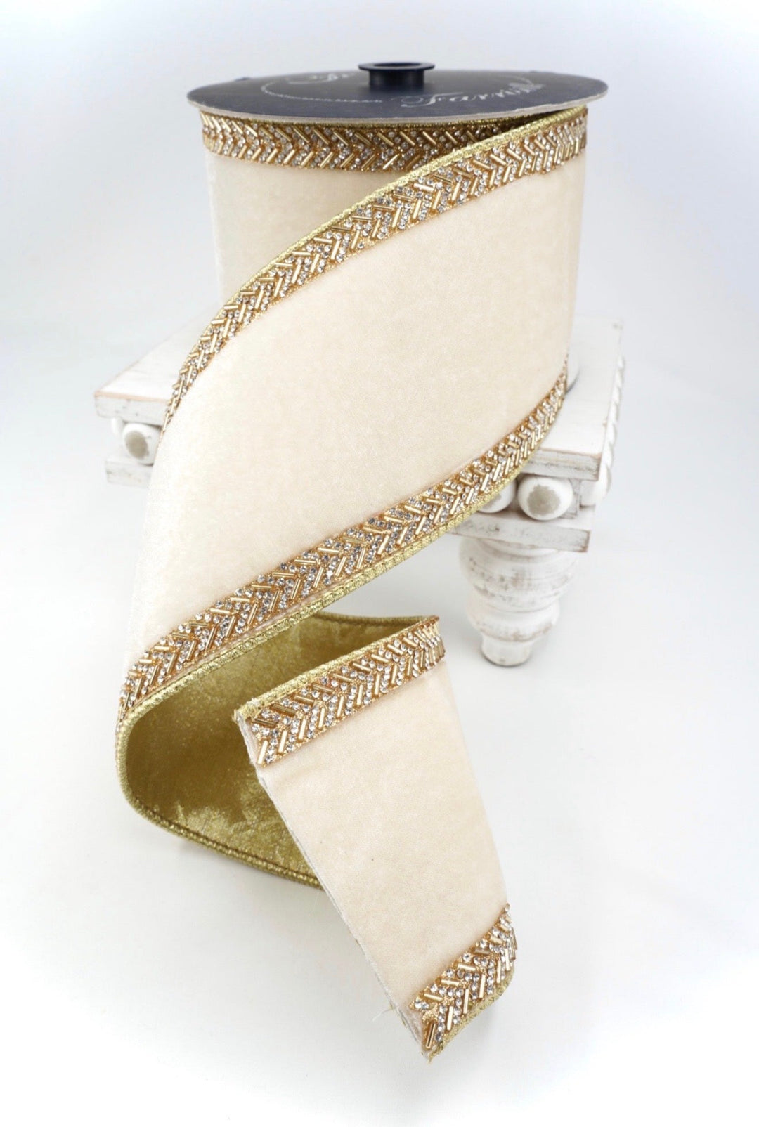 Cream Velvet With Chevron Crystals, Farrisilk Wired Ribbon - 4" - Greenery MarketRK813-01