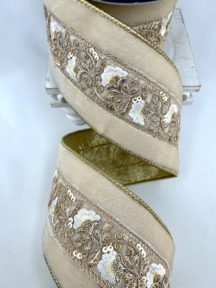 Cream Vintage Tapestry Velvet Farrisilk Wired Ribbon - 4" - Greenery MarketRibbons & TrimRK835-62