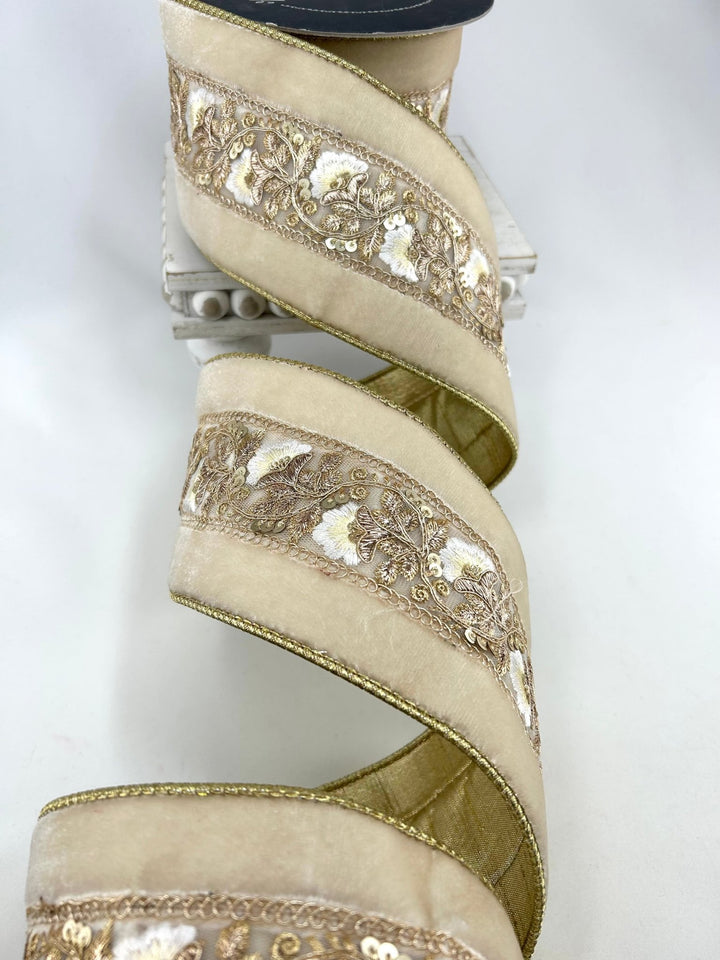 Cream Vintage Tapestry Velvet Farrisilk Wired Ribbon - 4" - Greenery MarketRibbons & TrimRK835-62
