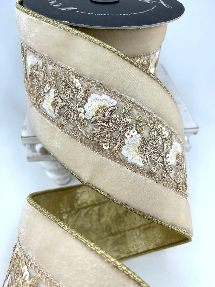 Cream Vintage Tapestry Velvet Farrisilk Wired Ribbon - 4" - Greenery MarketRibbons & TrimRK835-62
