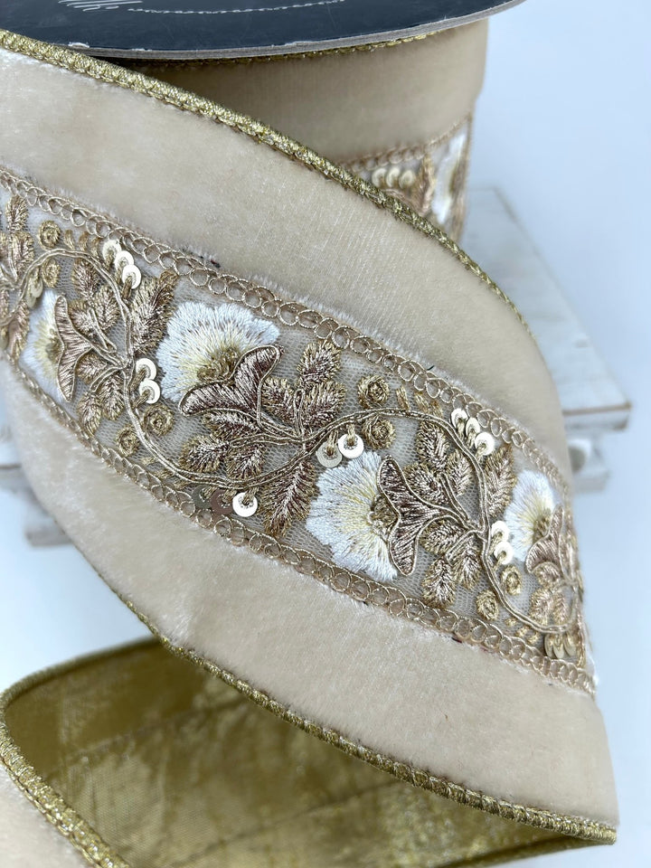 Cream Vintage Tapestry Velvet Farrisilk Wired Ribbon - 4" - Greenery MarketRibbons & TrimRK835-62