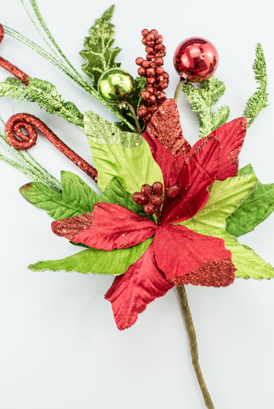 Curly poinsettia spray with ornaments - glittered - Greenery MarketWinter and Christmas84112rd