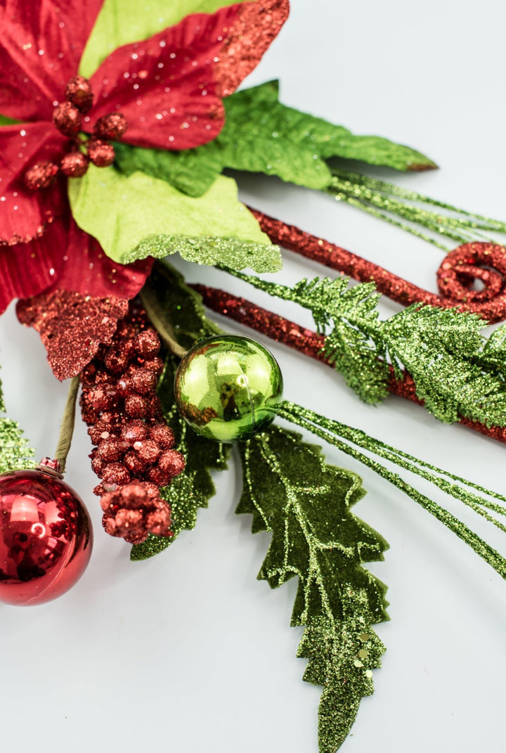 Curly poinsettia spray with ornaments - glittered - Greenery MarketWinter and Christmas84112rd