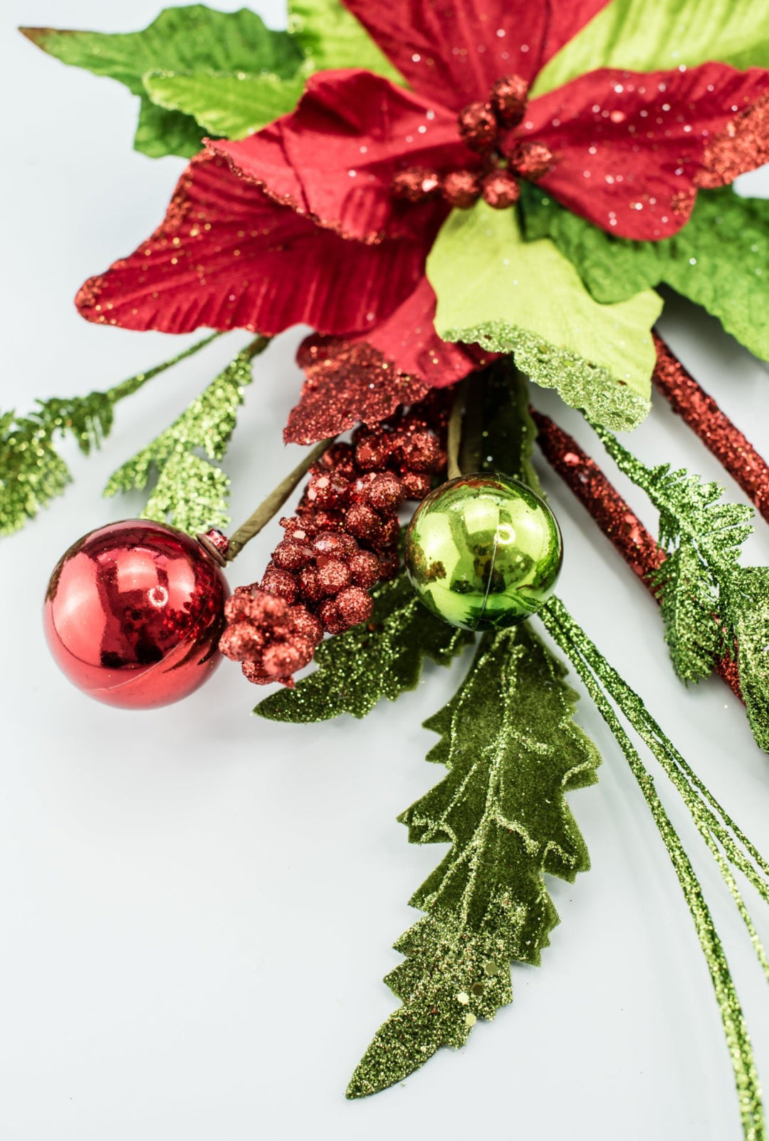 Curly poinsettia spray with ornaments - glittered - Greenery MarketWinter and Christmas84112rd