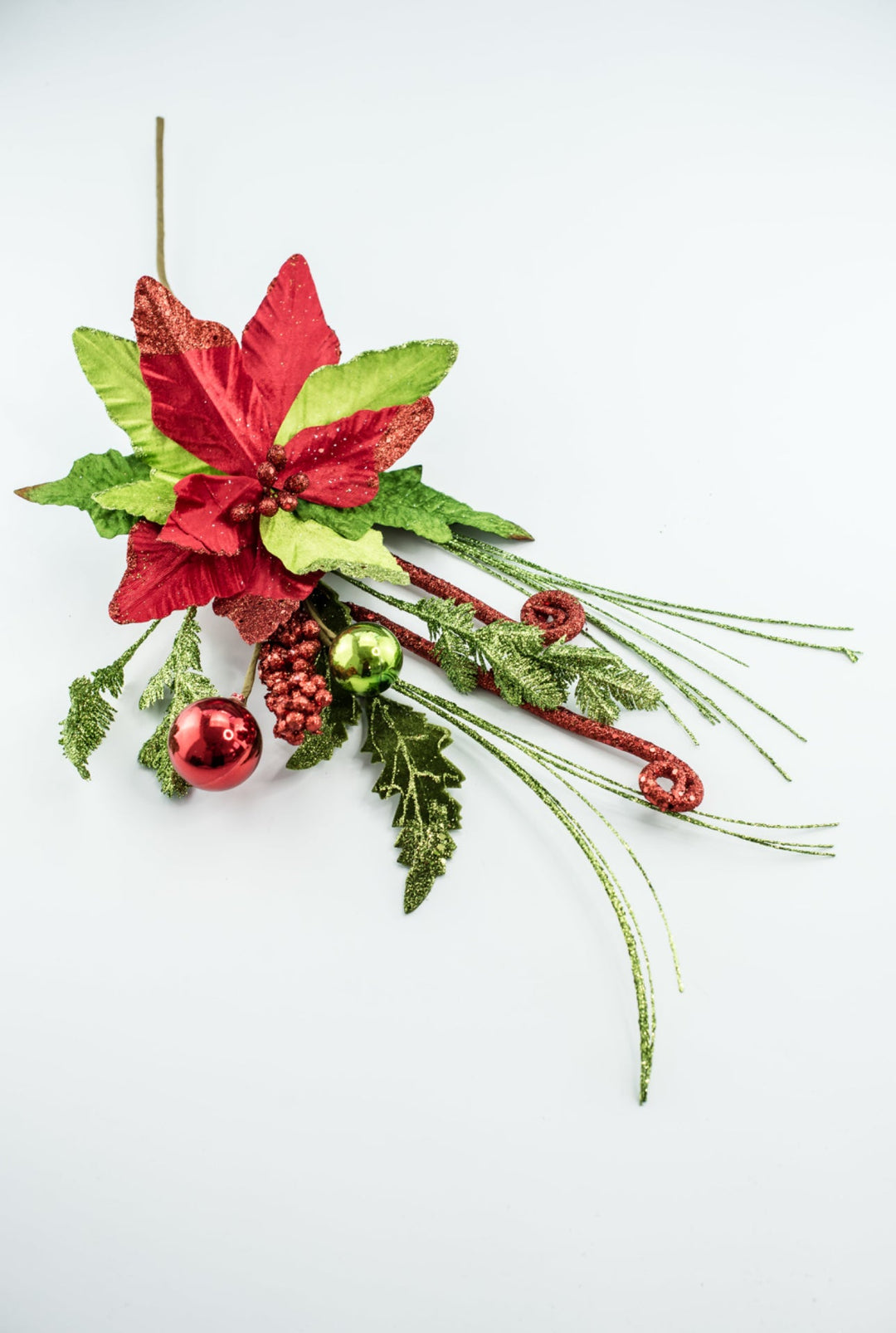 Curly poinsettia spray with ornaments - glittered - Greenery MarketWinter and Christmas84112rd