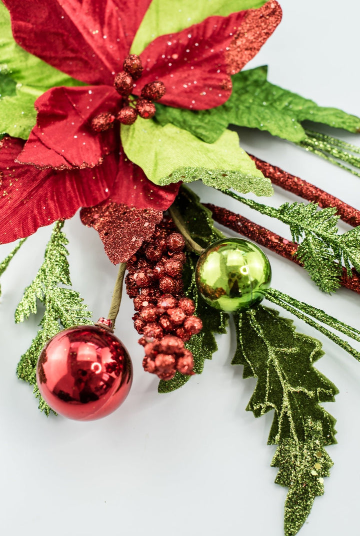 Curly poinsettia spray with ornaments - glittered - Greenery MarketWinter and Christmas84112rd