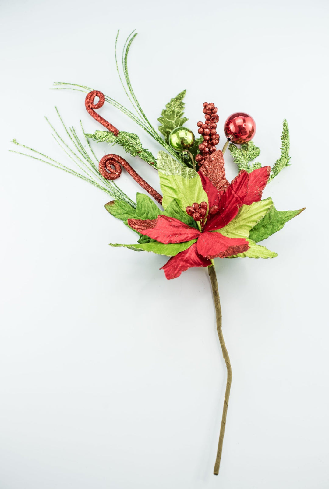 Curly poinsettia spray with ornaments - glittered - Greenery MarketWinter and Christmas84112rd