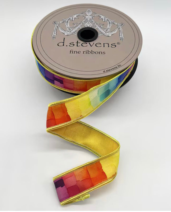 d. stevens Aqua Blue, Yellow, & Red Watercolor Cubes Taffeta Wired Ribbon - 1" - Greenery MarketWired ribbon45-0210