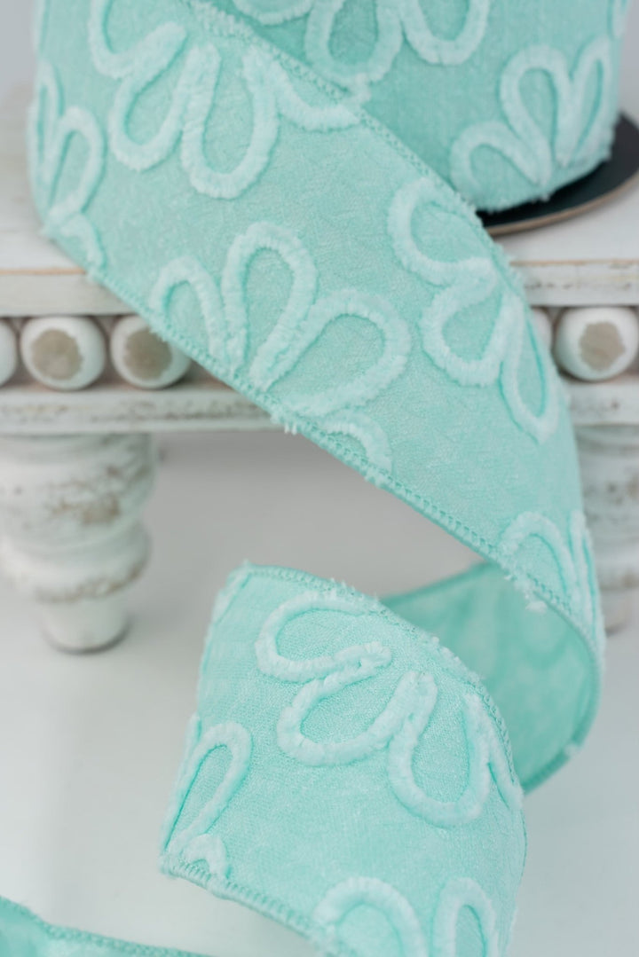 d. stevens Aqua Jacquard Chenille Flowers Wired Ribbon - 2.5" - Greenery MarketWired ribbon88-5044
