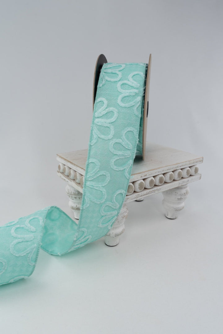 d. stevens Aqua Jacquard Chenille Flowers Wired Ribbon - 2.5" - Greenery MarketWired ribbon88-5044