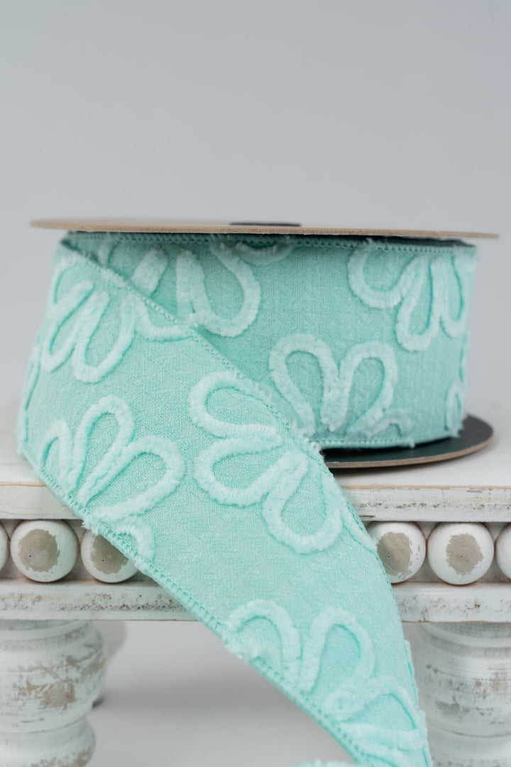 d. stevens Aqua Jacquard Chenille Flowers Wired Ribbon - 2.5" - Greenery MarketWired ribbon88-5044