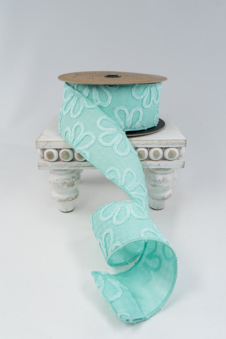 d. stevens Aqua Jacquard Chenille Flowers Wired Ribbon - 2.5" - Greenery MarketWired ribbon88-5044