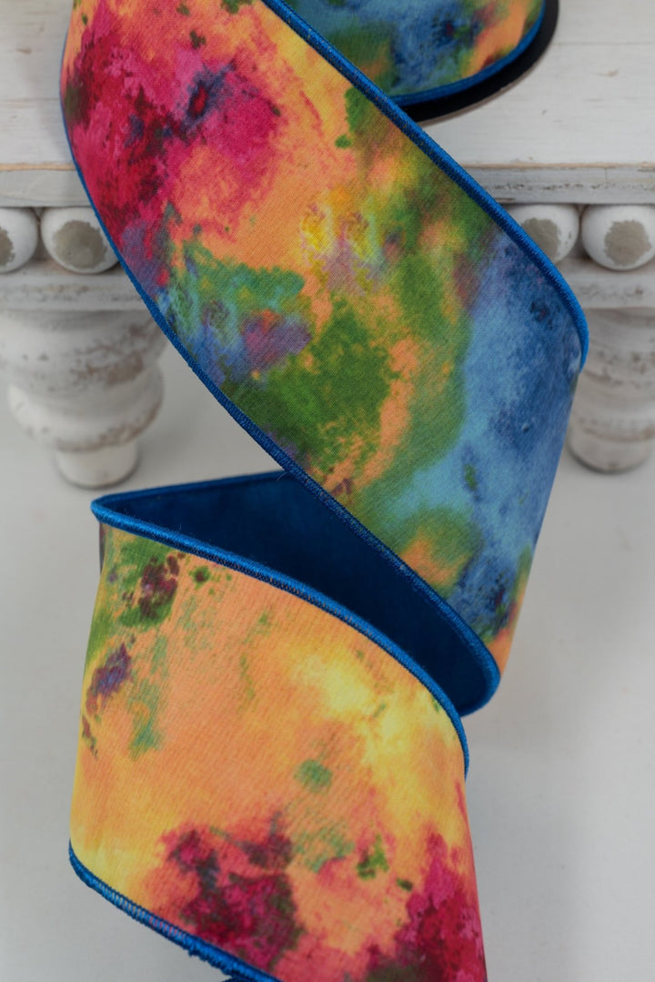 d. stevens Blue, Green, & Hot Pink Watercolor Art Taffeta Wired Ribbon - 2.5" - Greenery MarketWired ribbon45-0209