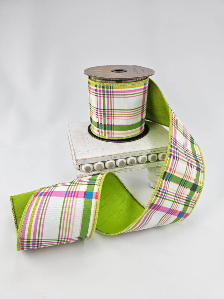 d. stevens Blue, Pink, & Green Colorful Plaid Poplin Wired Ribbon - 4" - Greenery MarketWired ribbon87-1667