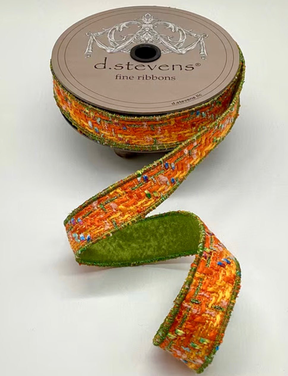 d. stevens Boucle Orange, Green, & Blue Dupion Back Wired Ribbon - 1" - Greenery MarketWired ribbon45-0167
