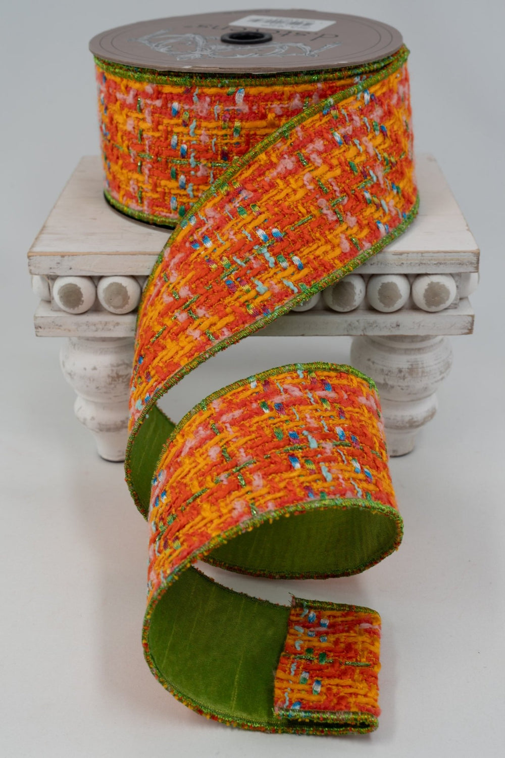 d. stevens Boucle Orange, Green, & Blue Dupion Back Wired Wired Ribbon - 2.5" - Greenery MarketWired ribbon45-0168