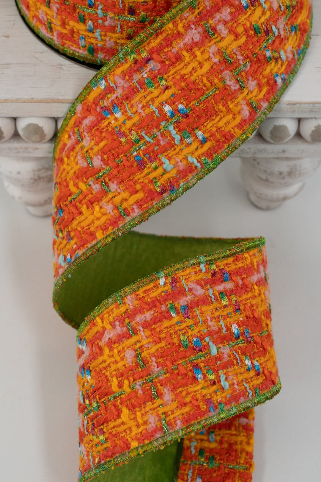 d. stevens Boucle Orange, Green, & Blue Dupion Back Wired Wired Ribbon - 2.5" - Greenery MarketWired ribbon45-0168
