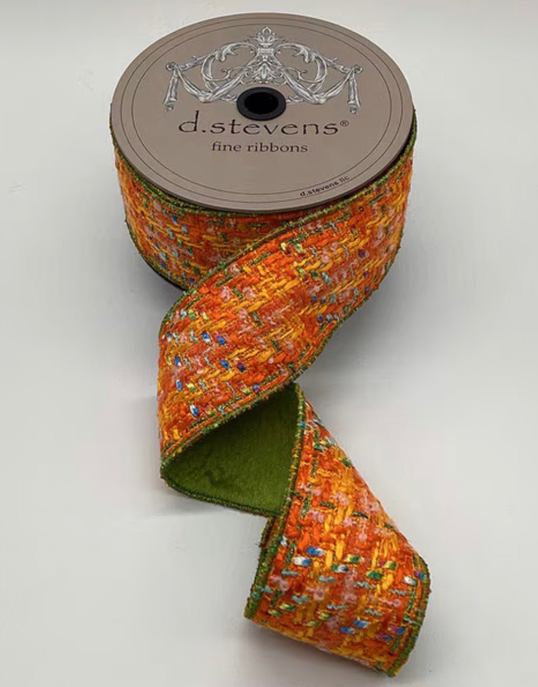 d. stevens Boucle Orange, Green, & Blue Dupion Back Wired Wired Ribbon - 2.5" - Greenery MarketWired ribbon45-0168