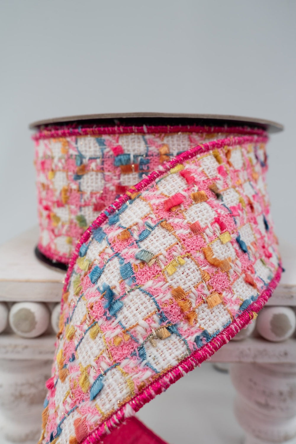 d. stevens Boucle Pink, Gold, & White Dupion Back Wired Wired Ribbon - 2.5" - Greenery MarketWired ribbon45-0171