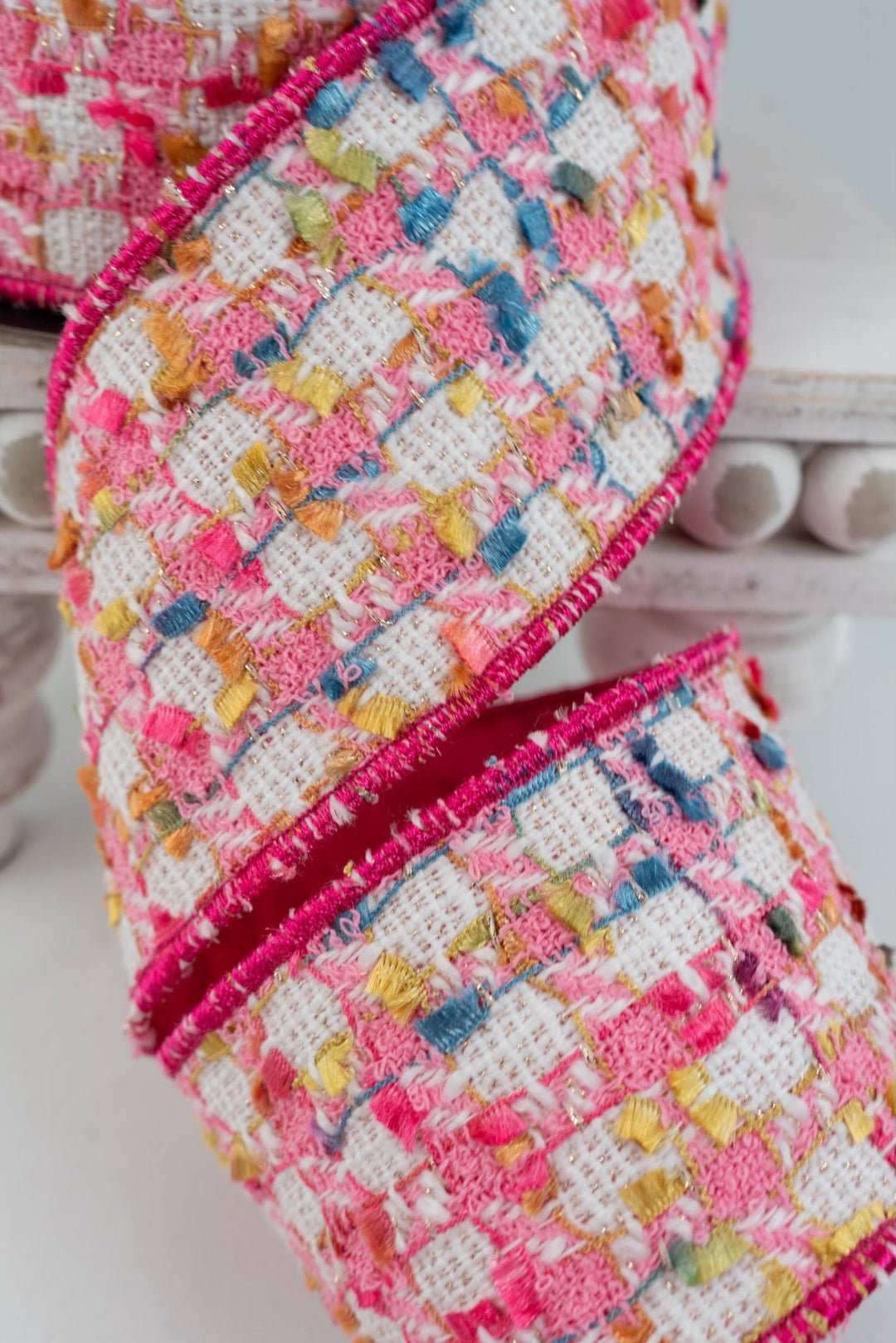 d. stevens Boucle Pink, Gold, & White Dupion Back Wired Wired Ribbon - 2.5" - Greenery MarketWired ribbon45-0171