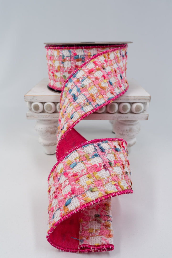 d. stevens Boucle Pink, Gold, & White Dupion Back Wired Wired Ribbon - 2.5" - Greenery MarketWired ribbon45-0171