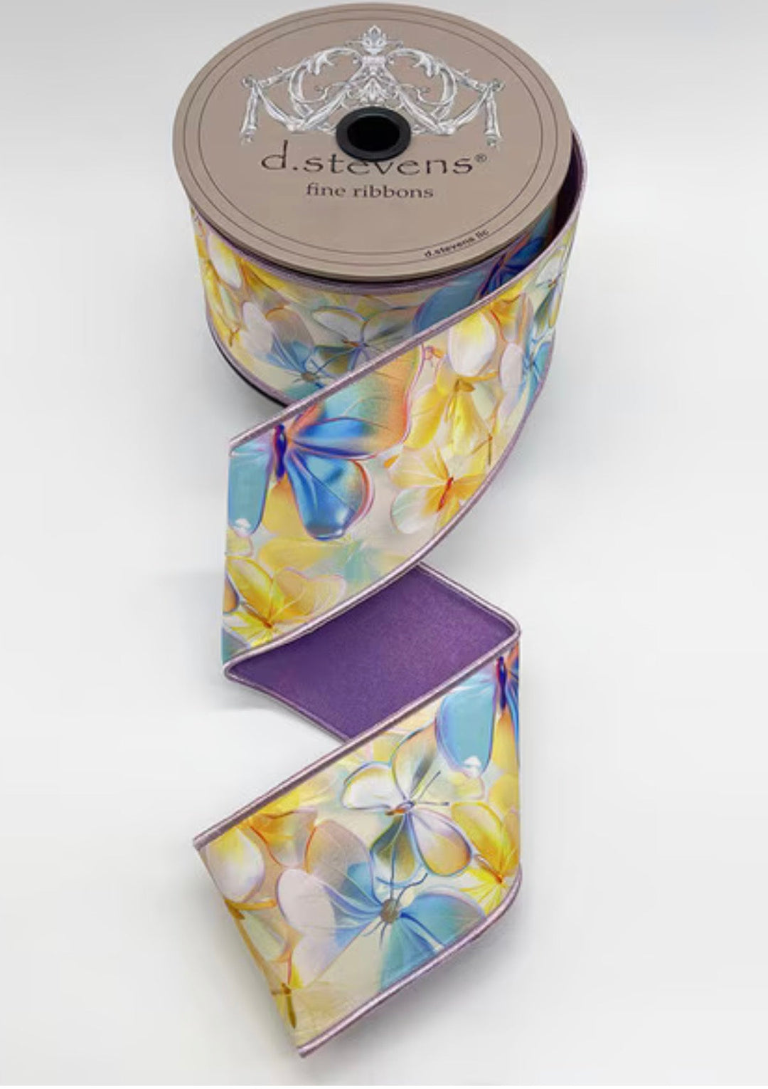d. stevens Buttercream, Lavender, & Blue Watercolor Assorted Butterflies Taffeta Wired Ribbon - 2.5" - Greenery MarketWired ribbon45-0259
