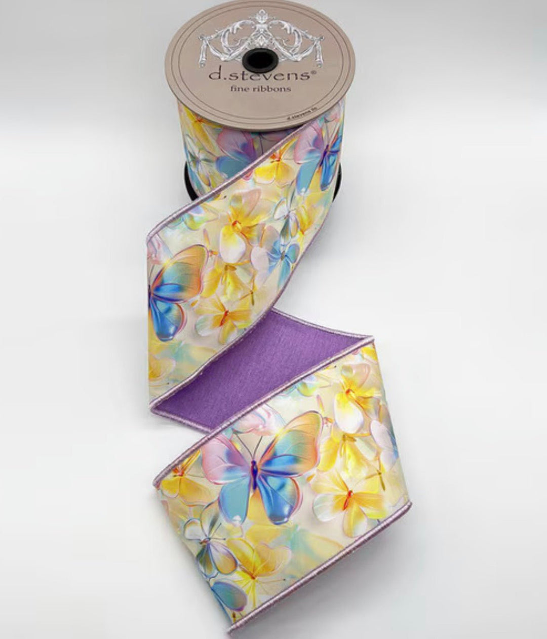 d. stevens Buttercream, Lavender, & Blue Watercolor Assorted Butterflies Taffeta Wired Ribbon - 4" - Greenery MarketWired ribbon45-0260