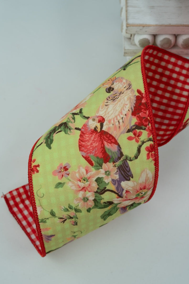 d. stevens Chartreuse, Coral, & Parrots Mix Floral Poplin Wired Ribbon - 4" - Greenery MarketWired ribbon18-4554