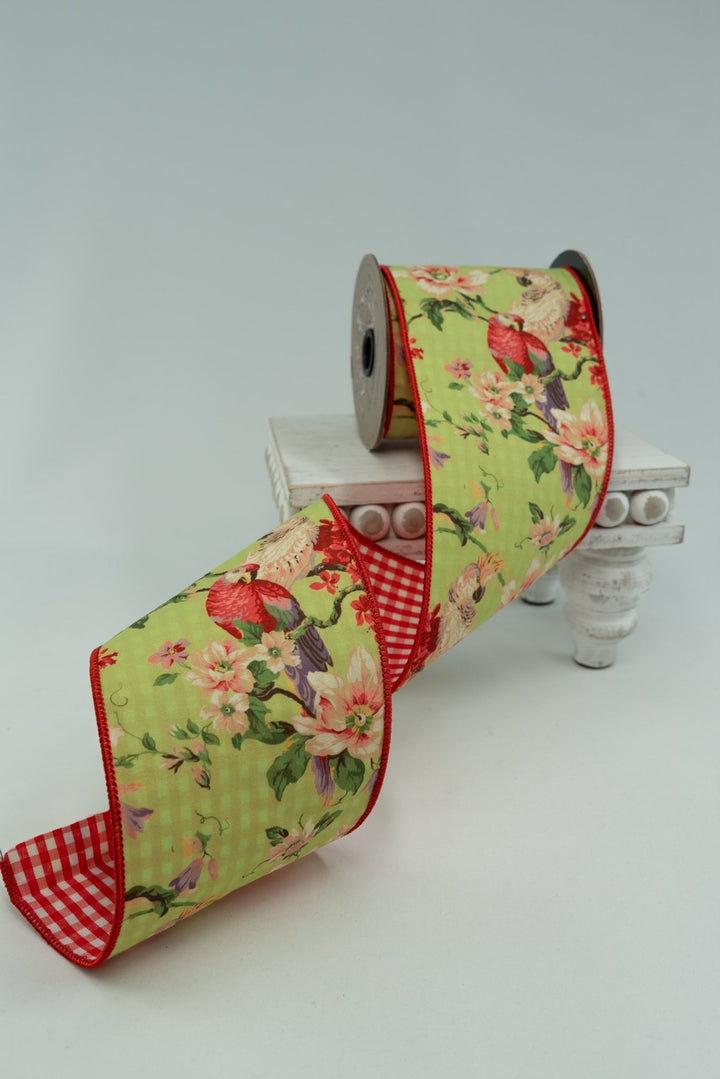 d. stevens Chartreuse, Coral, & Parrots Mix Floral Poplin Wired Ribbon - 4" - Greenery MarketWired ribbon18-4554