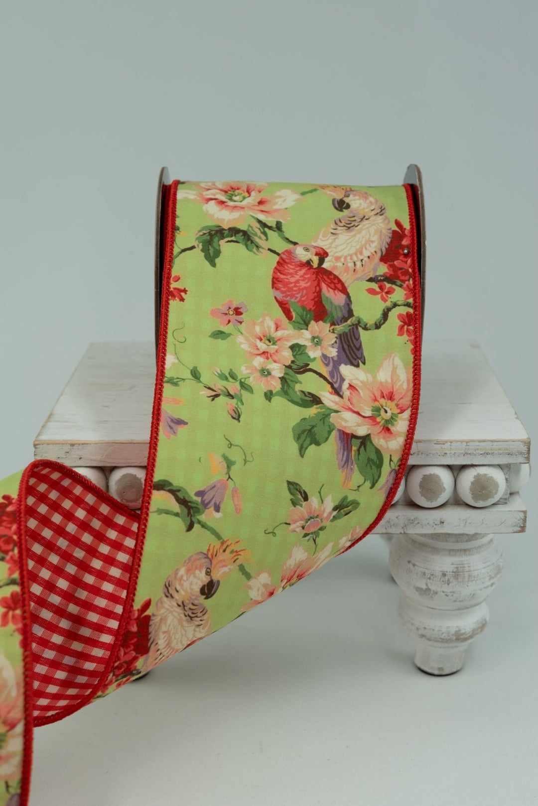 d. stevens Chartreuse, Coral, & Parrots Mix Floral Poplin Wired Ribbon - 4" - Greenery MarketWired ribbon18-4554