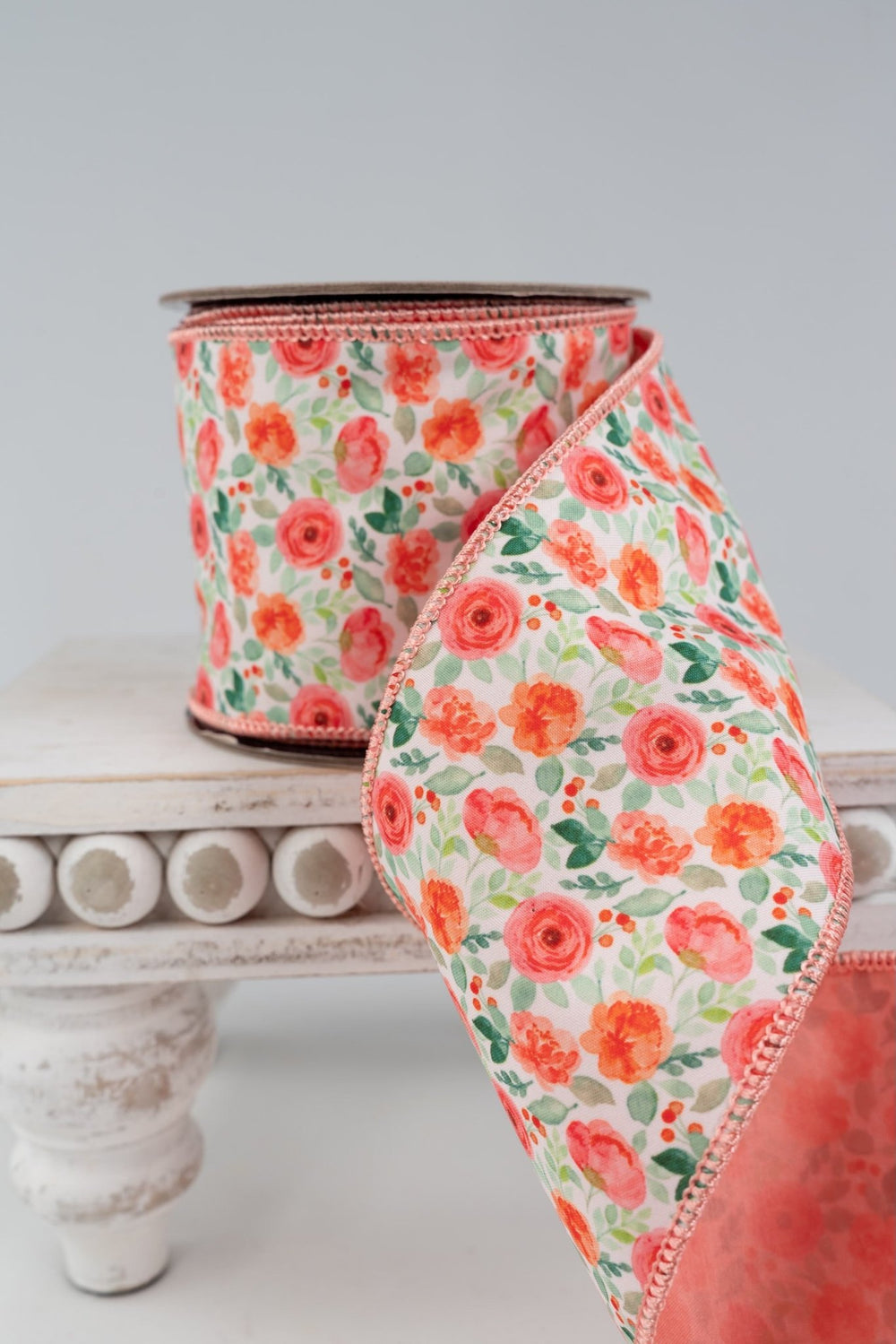 d. stevens Coral, Orange, & Green Ranunculus Poplin Wired Ribbon - 3" - Greenery MarketWired ribbon18-4307