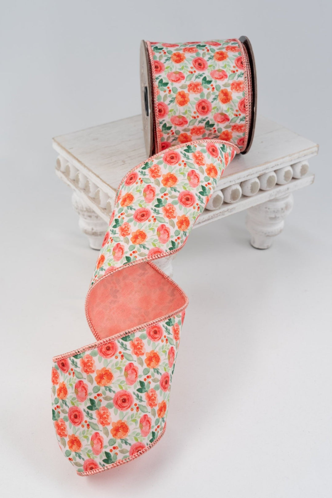 d. stevens Coral, Orange, & Green Ranunculus Poplin Wired Ribbon - 3" - Greenery MarketWired ribbon18-4307