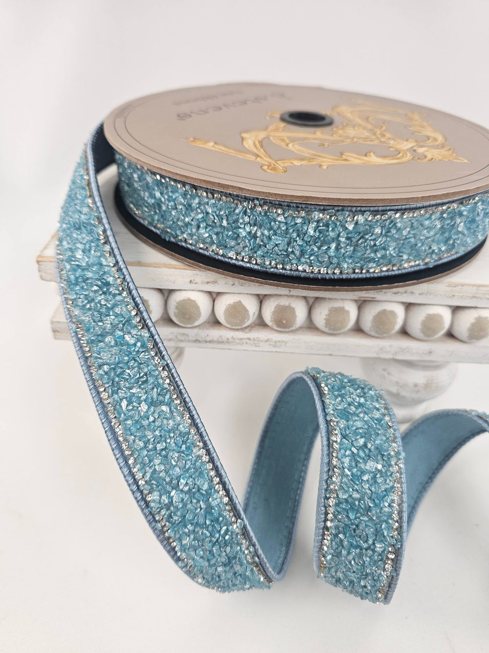 d. stevens Dusty Blue Rock Candy Crystal Side Trim Wired Ribbon - 1" - Greenery MarketWired ribbon05-2159